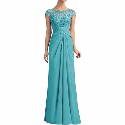 Elegant mother of the bride lace chiffon dress in turquoise featuring a cap sleeve design and a flattering silhouette