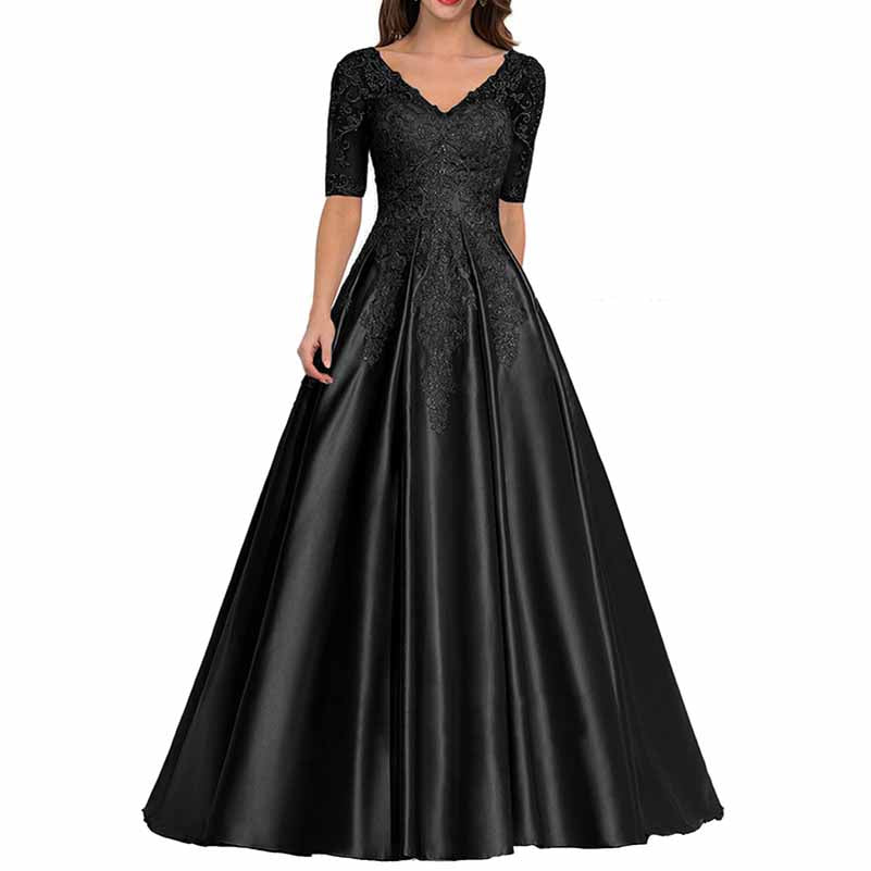 Elegant black mother of the bride satin dress with short sleeves and a flowing skirt