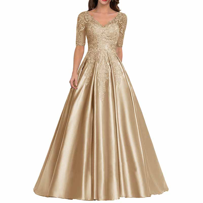 Elegant mother of the bride satin dress in gold with lace detailing and a flattering silhouette