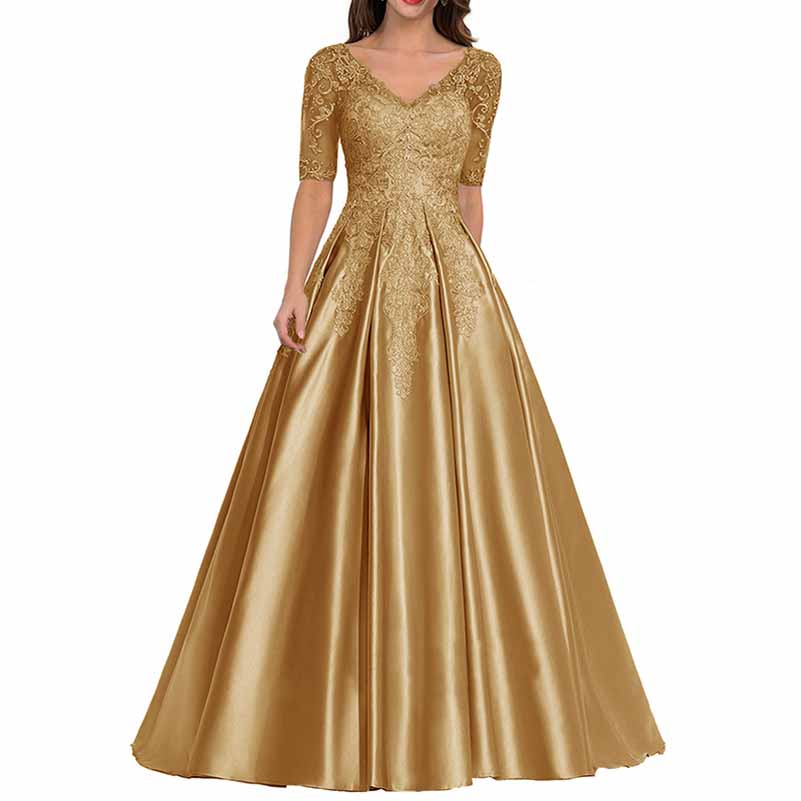 Elegant gold mother of the bride satin dress with lace detailing and flattering V-neckline