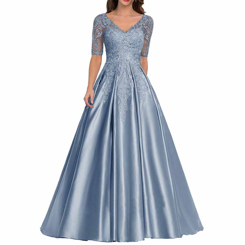 Elegant mother of the bride satin dress with lace sleeves and a flowing skirt in soft blue