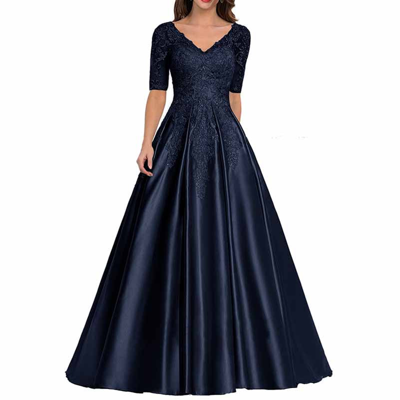 Elegant navy mother of the bride satin dress with v-neck and lace detailing for special occasions