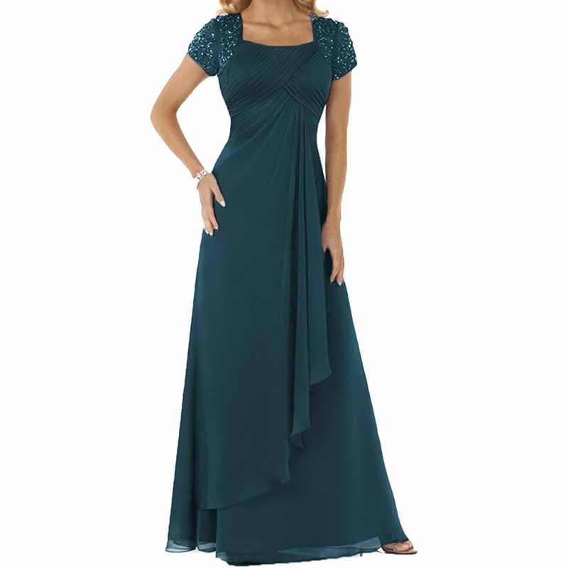 Evening Dress Chiffon Long Mother of the Bride Dress Short Sleeve Fold