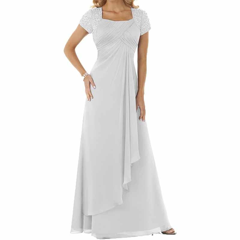 Evening Dress Chiffon Long Mother of the Bride Dress Short Sleeve Folding Wedding Guest Dress
