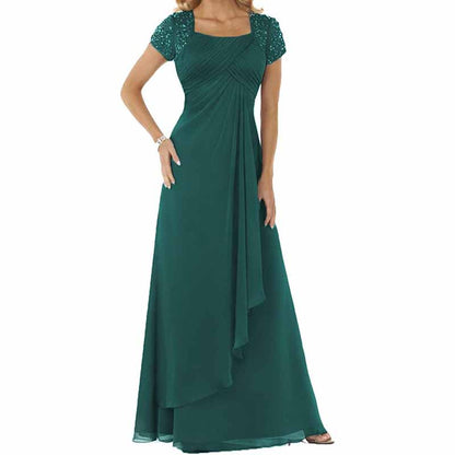 Evening Dress Chiffon Long Mother of the Bride Dress Short Sleeve Folding Wedding Guest Dress