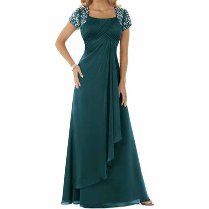 Evening Dress Chiffon Long Mother of the Bride Dress Short Sleeve Folding Wedding Guest Dress