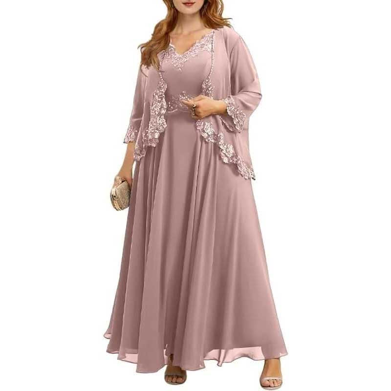 2 Piece Mother of The Bride Dresses Appliques Midi Length Wedding Guest Dress with Jacket