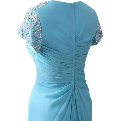 Evening Dress Chiffon Long Mother of the Bride Dress Short Sleeve Folding Wedding Guest Dress