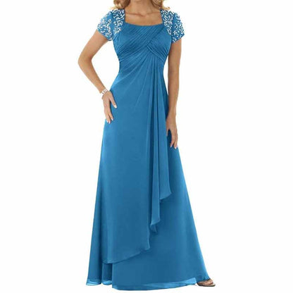 Evening Dress Chiffon Long Mother of the Bride Dress Short Sleeve Folding Wedding Guest Dress