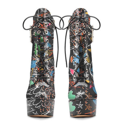 Women's Black Multi-Color Round Toe Lace Up Ankle Boots Platform Pumps Party Boots