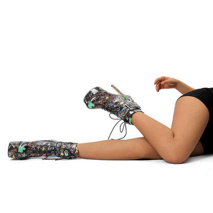 Women's Black Multi-Color Round Toe Lace Up Ankle Boots Platform Pumps Party Boots