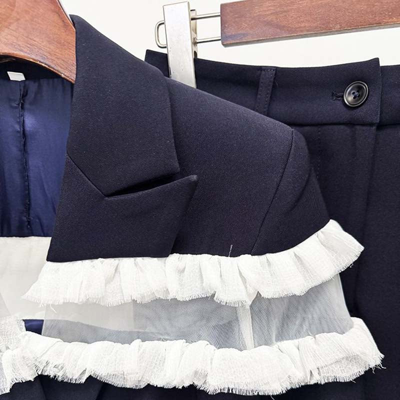 Ruffle inset single-breasted blazer in navy for women