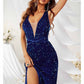 V Neck High Slit Sequin Dress In Royal Blue Women Prom Dress