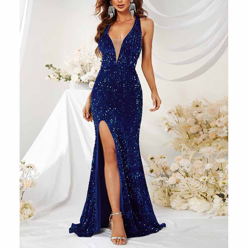 V Neck High Slit Sequin Dress In Royal Blue Women Prom Dress Sd Dresscode And Fashiontrends 1134