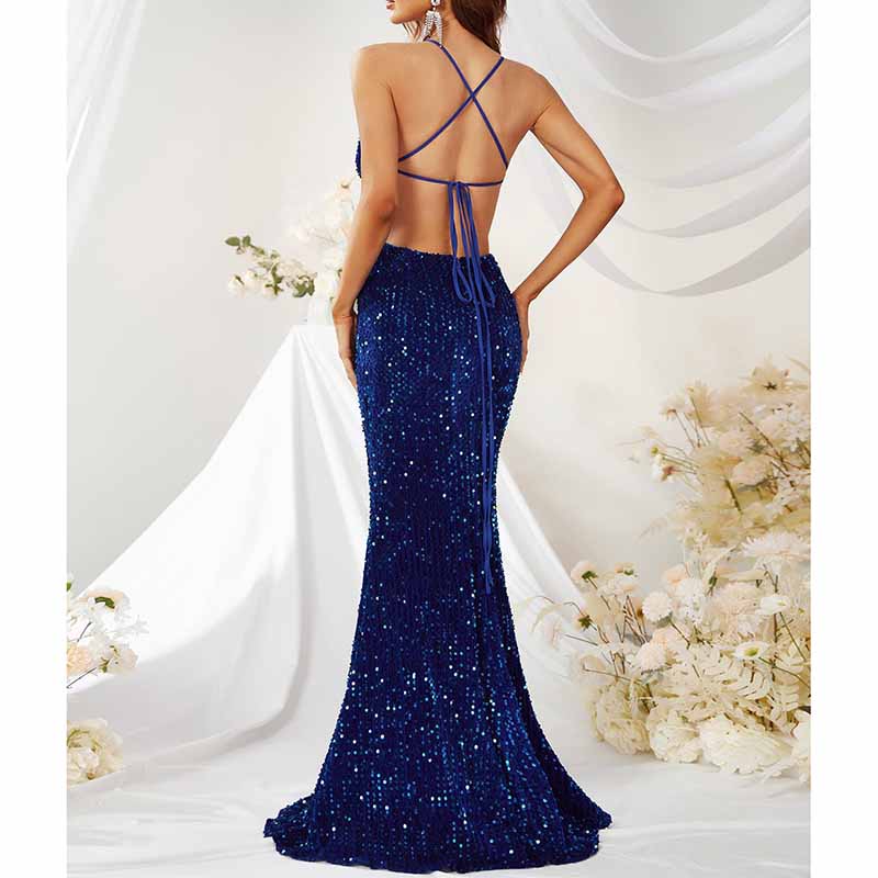 V Neck High Slit Sequin Dress In Royal Blue Women Prom Dress