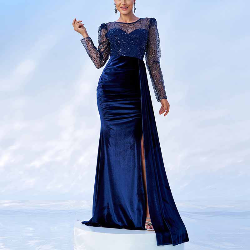 Navy Blue Prom Dress Split Long Maxi Dress Wedding Party Cocktail Dress