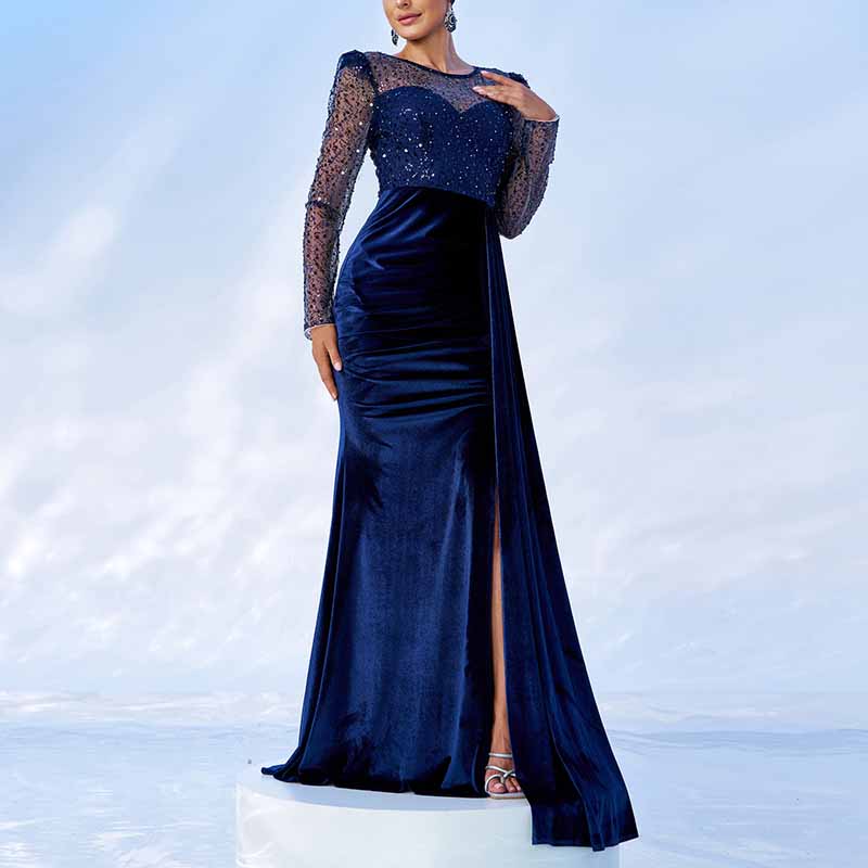 Navy Blue Prom Dress Split Long Maxi Dress Wedding Party Cocktail Dress