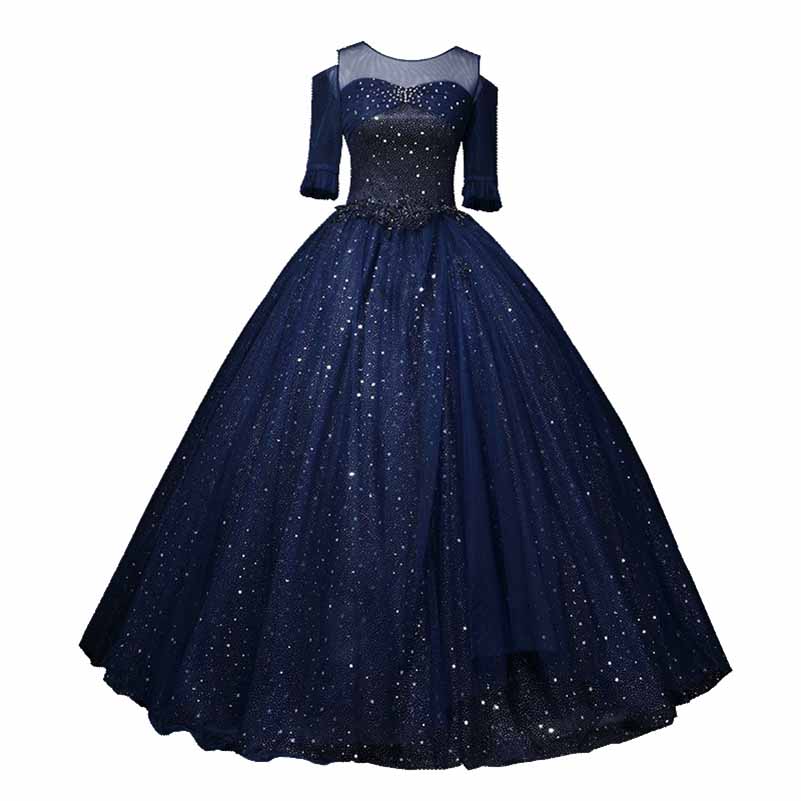 Navy Blue Wedding Dress with Sleeves A-Line Tulle Long Ball Gowns