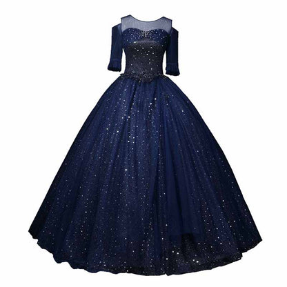 Navy Blue Wedding Dress with Sleeves A-Line Tulle Long Ball Gowns