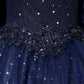 Navy Blue Wedding Dress with Sleeves A-Line Tulle Long Ball Gowns