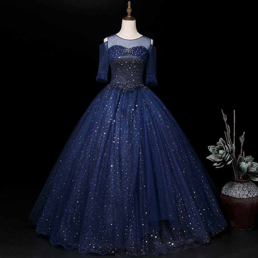 Navy Blue Wedding Dress with Sleeves A-Line Tulle Long Ball Gowns