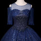 Navy Blue Wedding Dress with Sleeves A-Line Tulle Long Ball Gowns