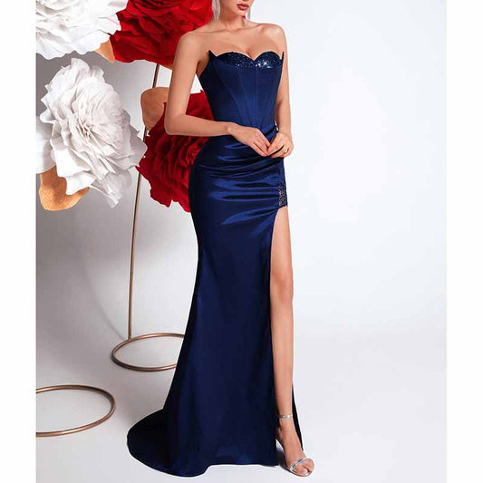 Corset Navy Blue Prom Dress | Sweetheart High Split Formal Gown