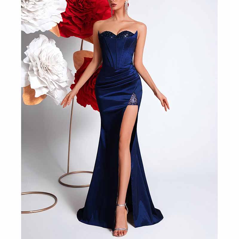 Corset Navy Blue Prom Dress | Sweetheart High Split Formal Gown