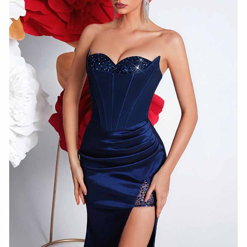 Corset Navy Blue Prom Dress | Sweetheart High Split Formal Gown
