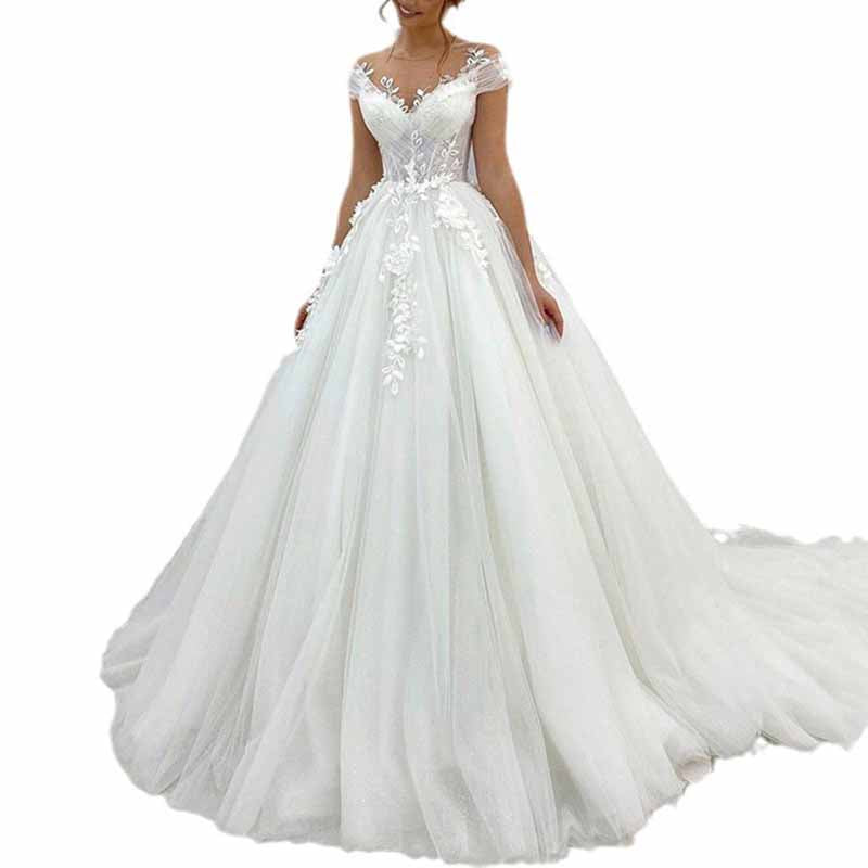Elegant off the shoulder princess wedding dress with floral lace details and a flowing skirt