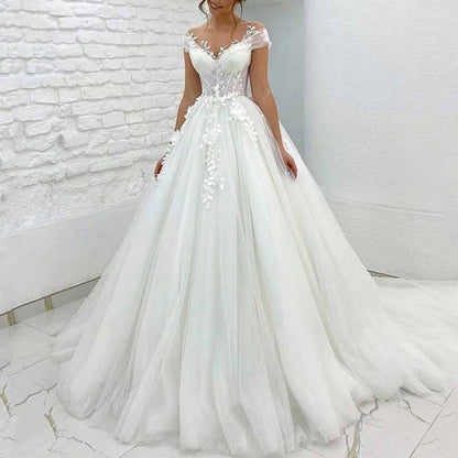 Stunning off the shoulder princess wedding dress with floral embroidery and flowing tulle skirt
