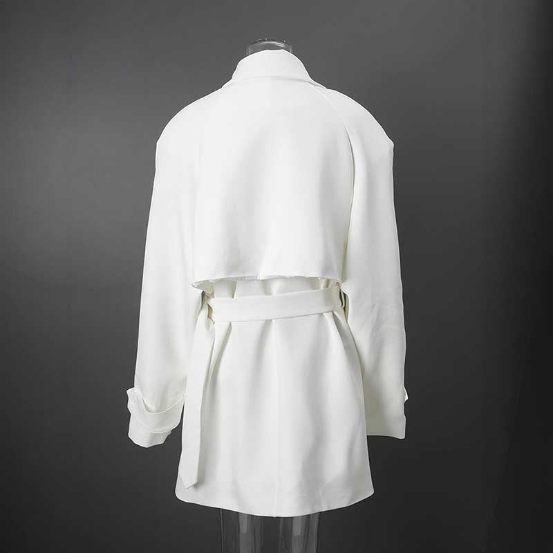 Back view of an off-white belted mini dress with pockets, featuring a stylish cut and belt detail