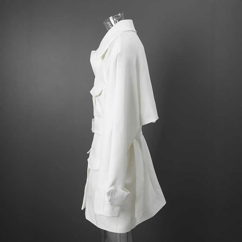 Side view of off-white belted mini dress with pockets featuring a relaxed silhouette