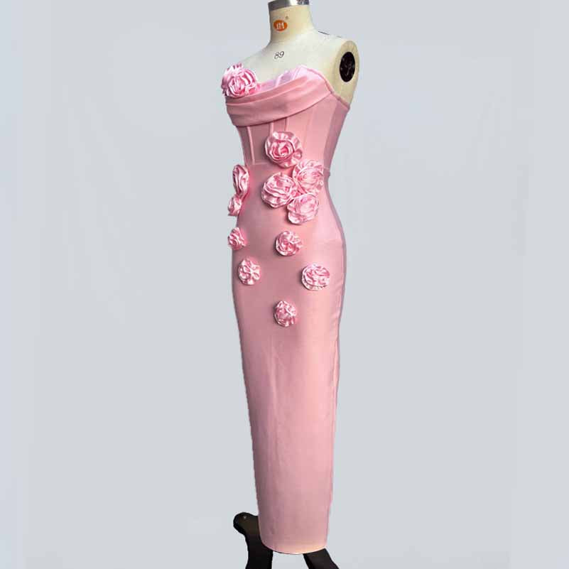 Off Shoulder Body-con Midi Dress With Flower Appliques