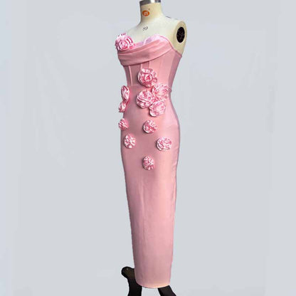 Off Shoulder Body-con Midi Dress With Flower Appliques