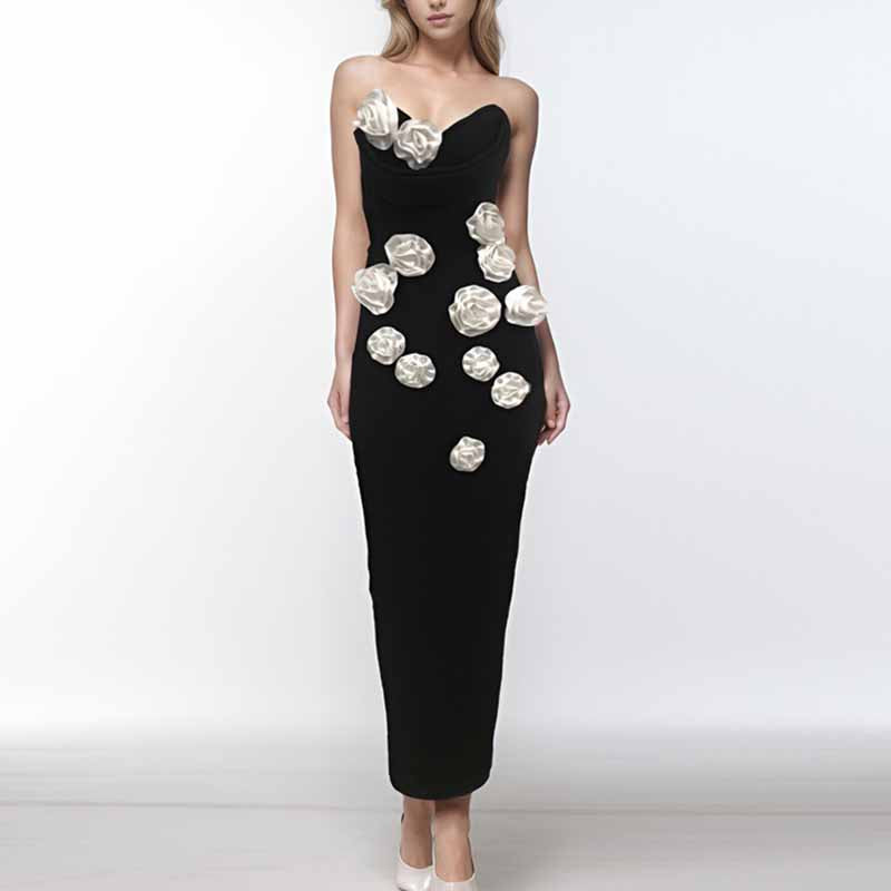 Off Shoulder Body-con Midi Dress With Flower Appliques