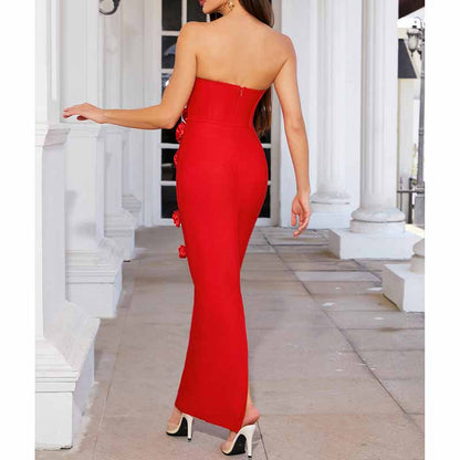 Off Shoulder Body-con Midi Dress With Flower Appliques