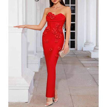 Off Shoulder Body-con Midi Dress With Flower Appliques