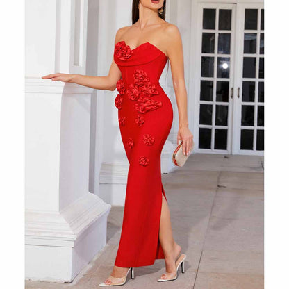 Off Shoulder Body-con Midi Dress With Flower Appliques