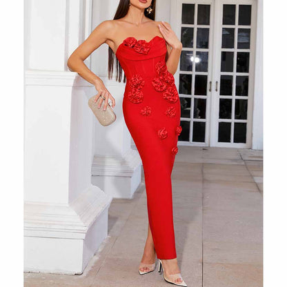 Off Shoulder Body-con Midi Dress With Flower Appliques