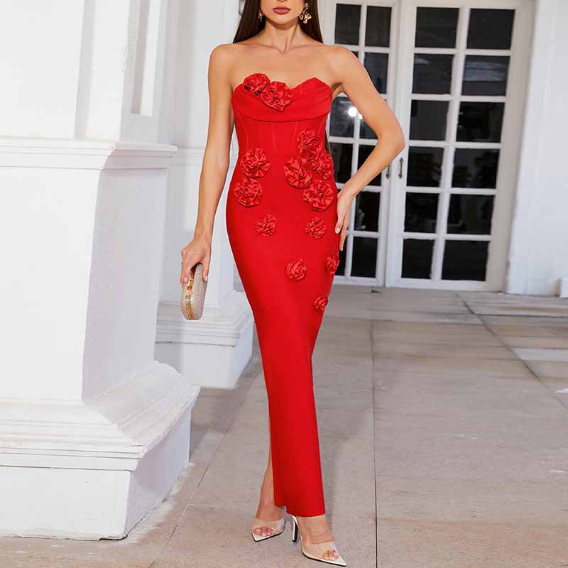 Off Shoulder Body-con Midi Dress With Flower Appliques