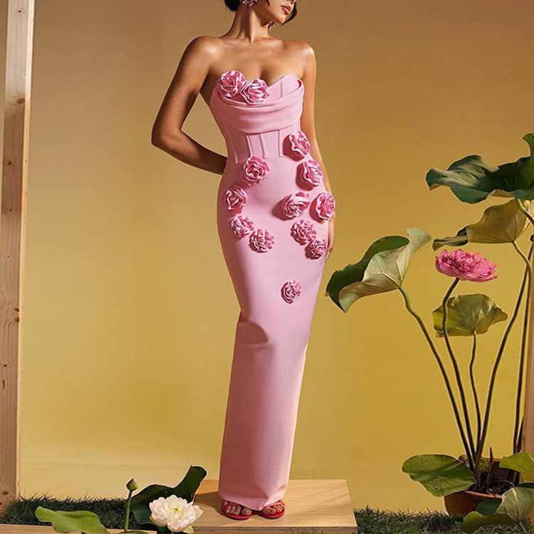 Off Shoulder Body-con Midi Dress With Flower Appliques