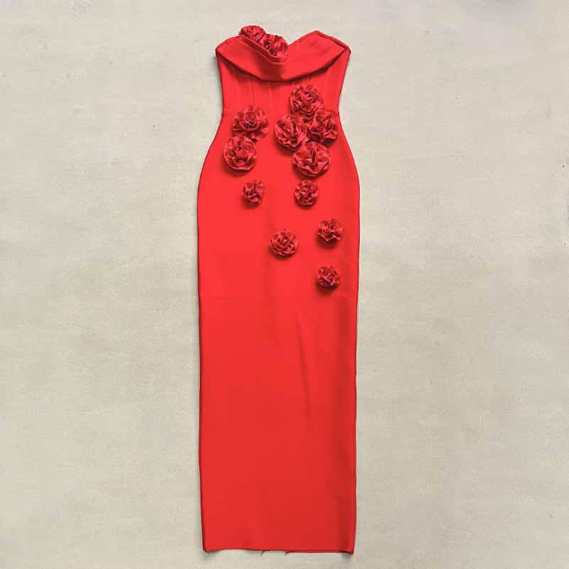 Off Shoulder Body-con Midi Dress With Flower Appliques