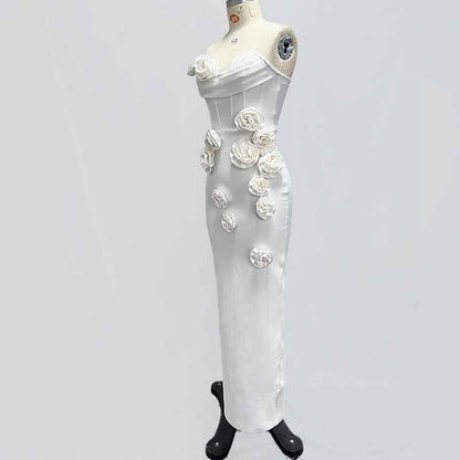 Off Shoulder Body-con Midi Dress With Flower Appliques