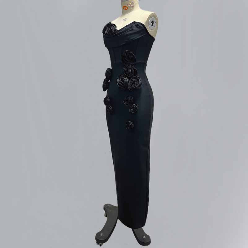 Off Shoulder Body-con Midi Dress With Flower Appliques