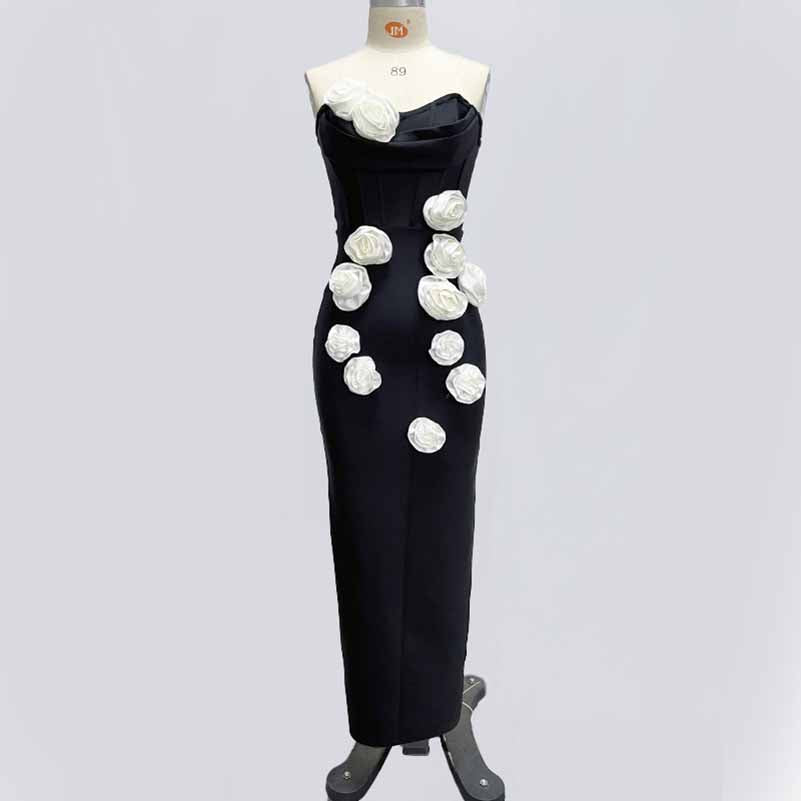 Off Shoulder Body-con Midi Dress With Flower Appliques