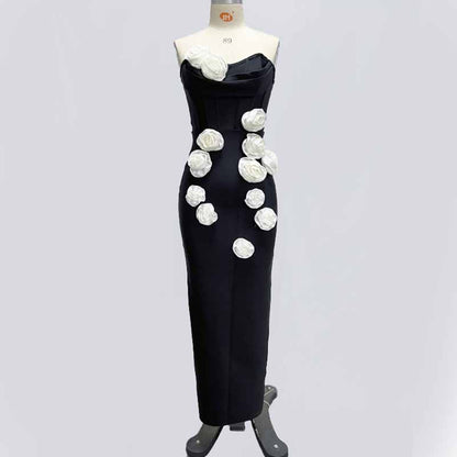 Off Shoulder Body-con Midi Dress With Flower Appliques