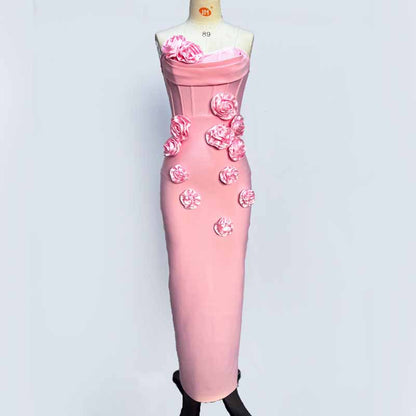 Off Shoulder Body-con Midi Dress With Flower Appliques