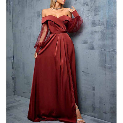 Red Brown Off Shoulder Prom Dress – Tulle Long Sleeve Formal Gown for Evening & Party