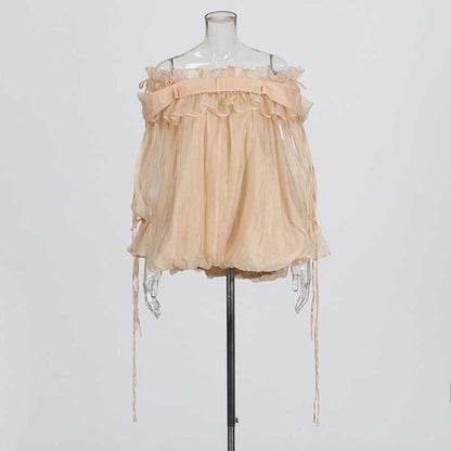 Long Ruffle Sleeves Lace-Up Tulle Shirt Formal Top